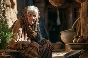 ai généré patiné vieux arabe village vieux femme. produire ai photo