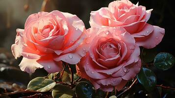 ai généré rose Rose dans Matin lumière du soleil élégant floral beauté photo