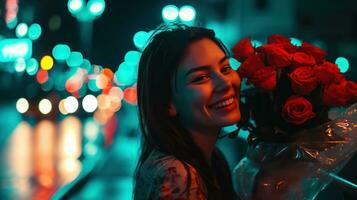 ai généré souriant femme avec bouquet de des roses dans ville nuit photo