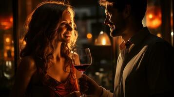 ai généré intime du vin moment fermer de une des couples aimant regard et du vin des lunettes photo