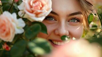 ai généré content souriant femme avec des roses fermer beauté photo