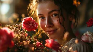 ai généré femme en portant une enveloppé bouquet de des roses sur la Saint-Valentin journée photo