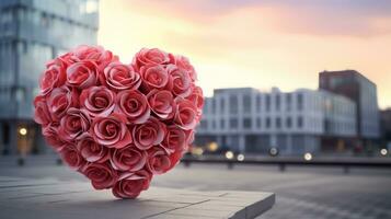 ai généré romantique la Saint-Valentin journée en forme de coeur Rose bouquet dans ville bokeh photo