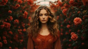 ai généré romantique femme avec des roses dans le jardin photo