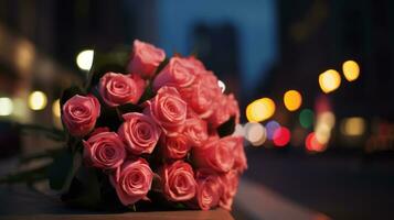 ai généré élégant enveloppé des roses avec flou paysage urbain Contexte photo