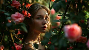 ai généré fermer portrait de femme visage dans une Rose jardin photo