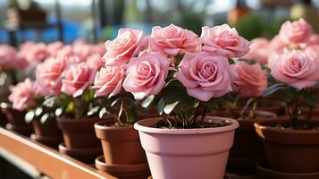 ai généré agrafe de des roses dans des pots dans une fleur magasin photo