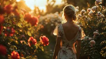 ai généré jolie Jeune femme dans Rose jardin à le coucher du soleil photo