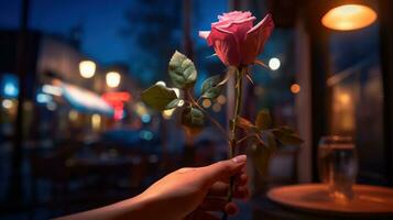 ai généré spécial Valentin s soir Jeune femme des surprises avec une Rose à une restaurant photo