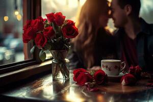 ai généré romantique Jeune couple dans rétro café magasin pour la Saint-Valentin journée photo