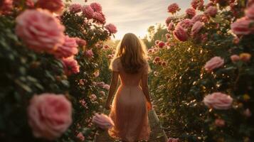 ai généré jolie Jeune femme dans Rose jardin à le coucher du soleil photo