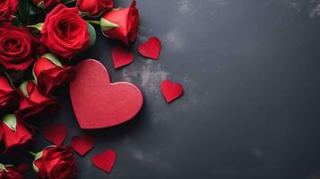 ai généré romantique Haut vue en forme de coeur cadeau boîte et rouge des roses photo