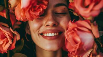 ai généré content souriant femme avec des roses fermer beauté photo