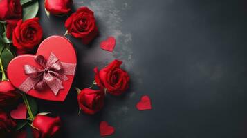 ai généré romantique Haut vue en forme de coeur cadeau boîte et rouge des roses photo