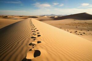 ai généré talent artistique dans la nature empreintes gravée sur une serein le sable dune photo