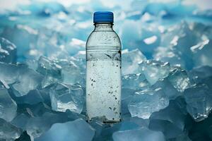 ai généré rafraîchissant refroidissement l'eau bouteille présenté sur une toile de fond de la glace photo