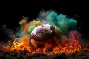 ai généré base-ball spectacle coloré Balle pop contre une mystérieux, enfumé Contexte photo