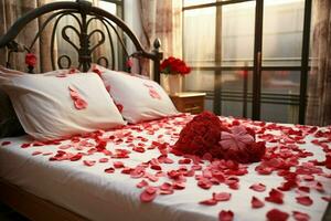 ai généré Hôtel romance lit orné avec Rose pétales création une romantique réglage ai généré photo