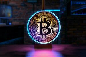 ai généré crypto-monnaie charme néon lampe avec le iconique bitcoin symbole photo