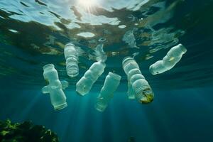 ai généré Marin contamination Plastique bouteilles de manière inquiétante a trouvé flottant sous-marin photo