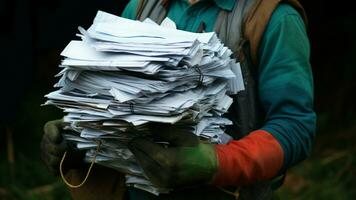 ai généré éco conscient action homme détient paquet de utilisé papier pour recyclage photo