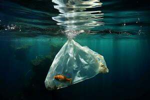 ai généré environnement crise Plastique sac submergé sous le surface de le mer photo