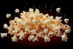 ai généré cinématique délice pop corn isolé sur noir, capturer mouvement et saveur photo