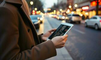ai généré mains tenir tablette sur une occupé rue, vérification app dans proche en haut photo