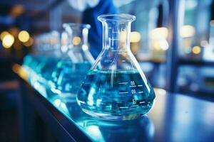 ai généré laboratoire innovation chimistes expérience, analyser produits chimiques en utilisant divers verrerie photo
