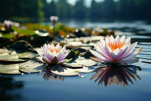 ai généré gratuit photo de une Lac orné avec magnifique l'eau fleurs de lys