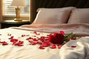 ai généré Hôtel romance lit orné avec Rose pétales création une romantique réglage ai généré photo