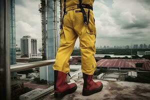 ai généré proche en haut sécurité des chaussures Hommes utilisation pour protection accident dans usine. neural réseau ai généré photo