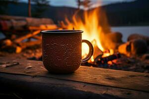 ai généré chaud café tasse dans Norvège région sauvage, allumé par feu de camp lueur photo