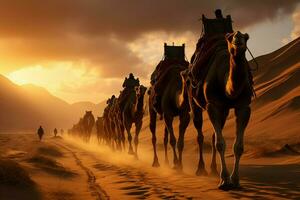 ai généré chameau caravane embarque sur une périple à travers vaste Sahara dunes photo