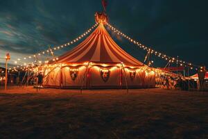 ai généré cirque tente avec illuminations lumières à nuit. photo