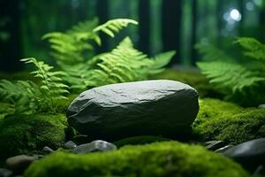 ai généré Naturel toile de fond plat pierre dans le forêt pour produit présentation photo