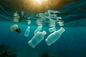 ai généré Marin contamination Plastique bouteilles de manière inquiétante a trouvé flottant sous-marin photo