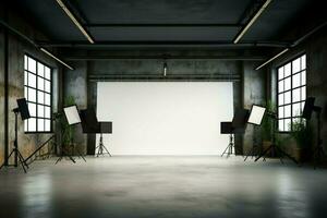 ai généré moderne photo studio intérieur avec vide blanc mur et équipement