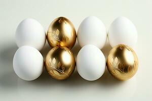 ai généré serein maquette blanc et or Pâques des œufs pour content Pâques photo