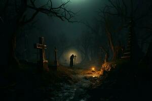 ai généré cimetière solitude sinistre forêt améliore le sombre atmosphère de prière photo