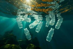 ai généré Marin contamination Plastique bouteilles de manière inquiétante a trouvé flottant sous-marin photo