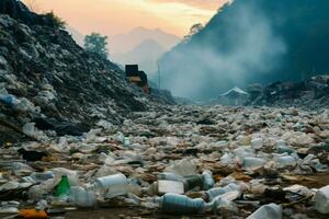 ai généré éco menace montagneux des ordures tas dépeint le gravité de la pollution photo