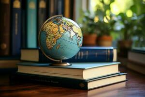 ai généré éducatif exploration Terre globe entouré par une collection de livres ai généré photo