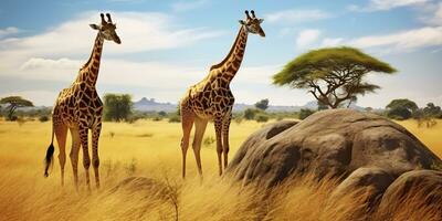 ai généré girafes dans le africain savane. serengeti nationale parc. Afrique. Tanzanie. ai généré photo