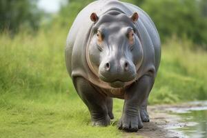 ai généré hippopotame en marchant dans une vert champ. ai généré photo