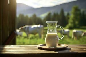 ai généré verre lanceur avec Frais Lait sur une en bois tableau. ai généré photo