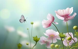 ai généré Frais printemps Matin sur la nature et flottant papillons sur une doux vert Contexte. génératif ai photo