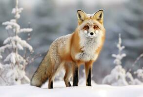 ai généré rouge Renard permanent sur neige. ai généré. photo