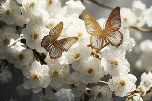 ai généré goden papillons avec blanc fleurs. ai généré photo