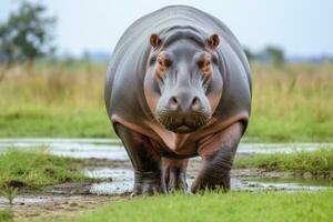 ai généré hippopotame en marchant dans une vert champ. ai généré photo